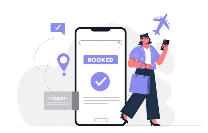 Woman Buying Flight Tickets Online with Smartphone Vector Illustration